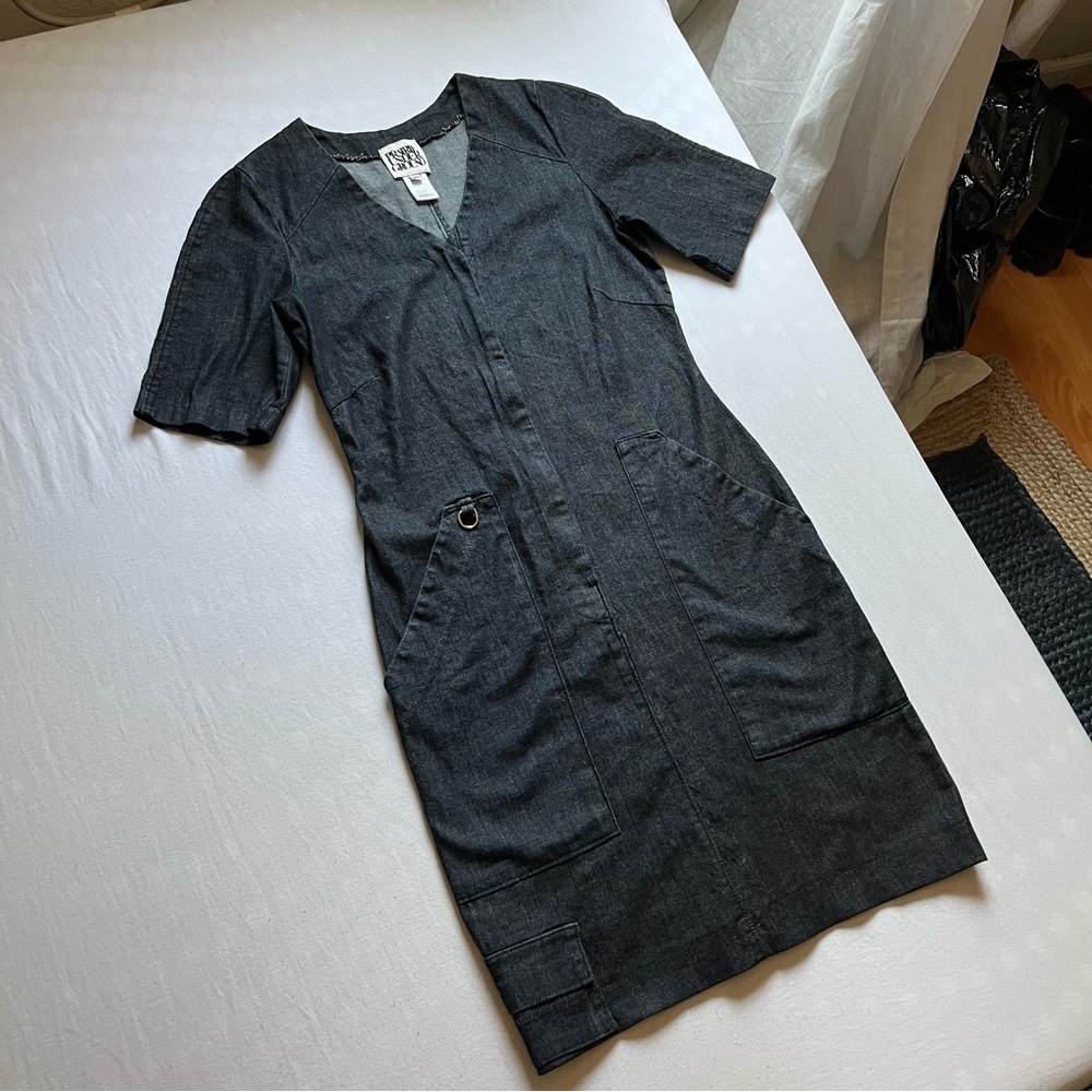 Prairie Underground dark blue grey denim utility short sleeve midi‎ dress